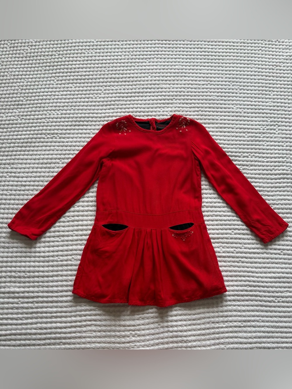 Catimini Red Embroidered Long Sleeve Lined Dress Pockets 3T